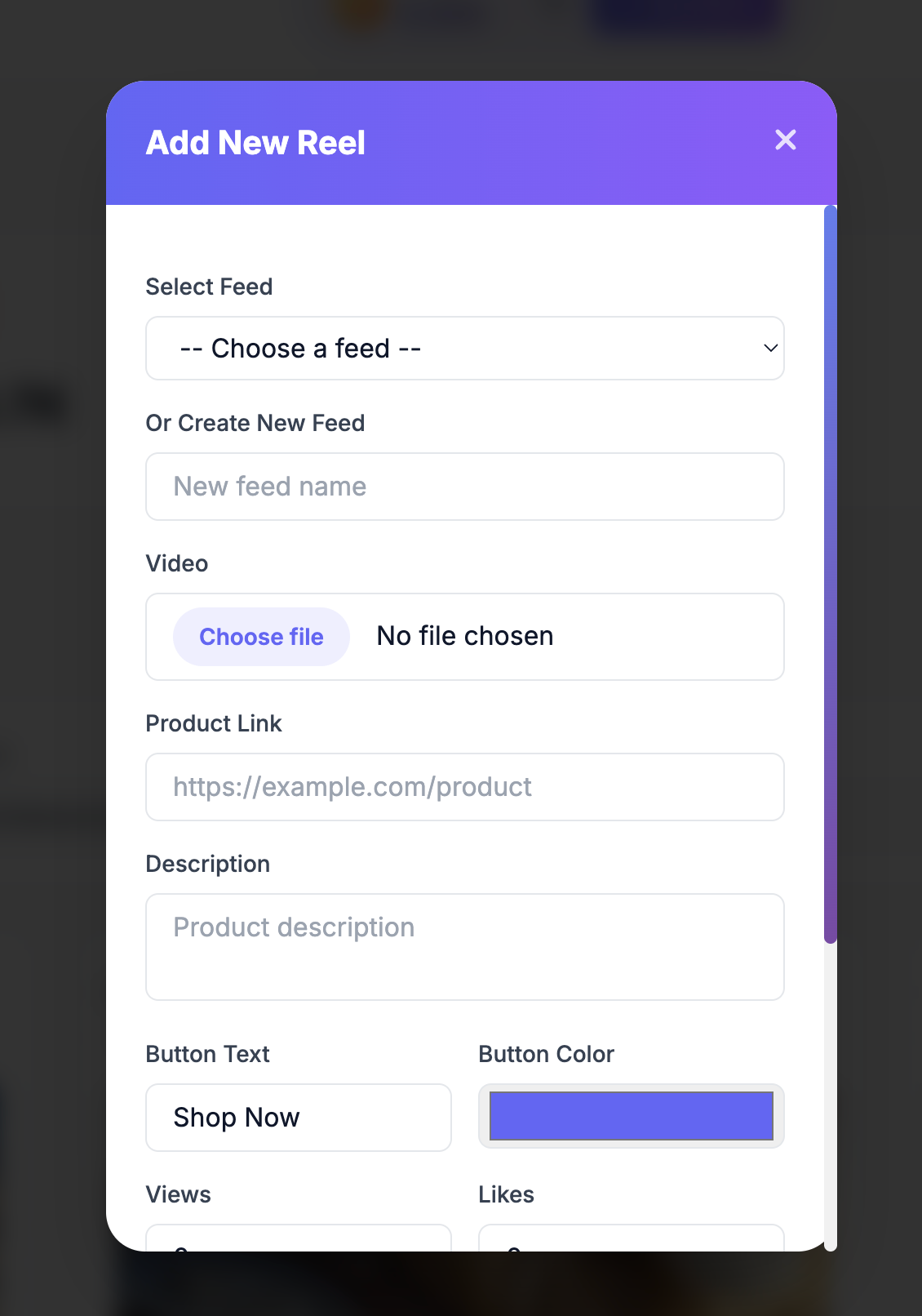 Add New Reel Interface